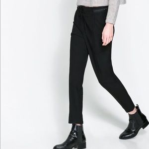 Zara Black Faux Leather Trim Drawstring Trousers